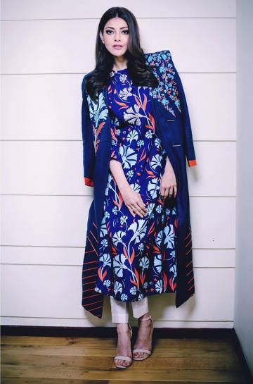 Kajal Aggarwal was spotted in this blue floral top and desi jacket ensemble from Saksham & Neharicka - Fashion Models