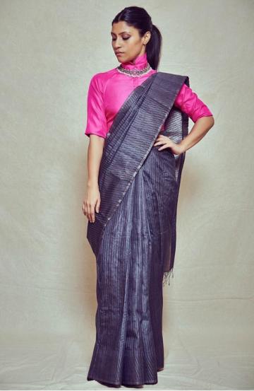 The grey saree from Rishta by designer Arjun Saluja is set off by that collar blouse in candy pink - Fashion Models