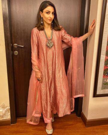 The burnt pink outfit has silver embroidery and a beautiful sheer shawl - Fashion Models