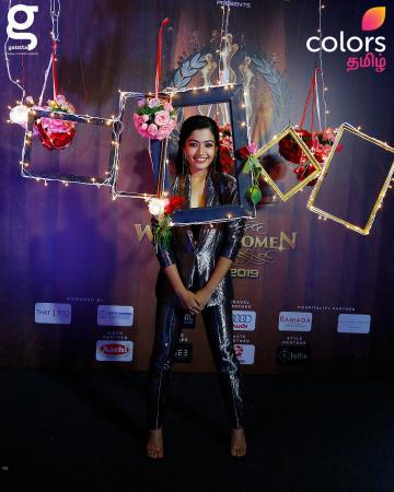 Rashmika Mandanna arrived at the venue of Galatta Wonder Women Awards in this shiny, splendid pantsuit from Rini Couture - Fashion Models