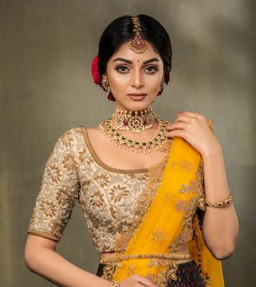Sanam Shetty was recently spotted in this brown-beige-yellow lehenga ensemble from Studio 149 - Fashion Models