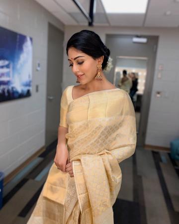 Seraphic Anu Emmanuel was recently spotted in this elegant dull gold saree from Sashi Vangapalli Couture  - Fashion Models