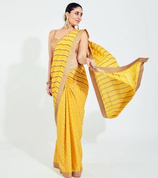 The yellow pitambari leheriya saree has a sexy sleek golden blouse matching its thin gold border  - Fashion Models