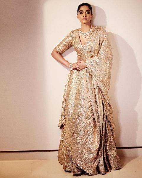 Sonam Kapoor Ahuja attended the launch of Bulgari's Jannah collection in Abu Dhabi wearing this silver lampi lehenga from ITR  - Fashion Models