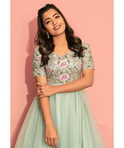 Our very own Rashmika Mandanna was recently seen in this beautfiul pastel gree Anarkali from Geethika Kanumili - Fashion Models