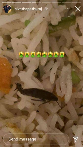 actress nivetha pethuraj shoked to find cockroach in food