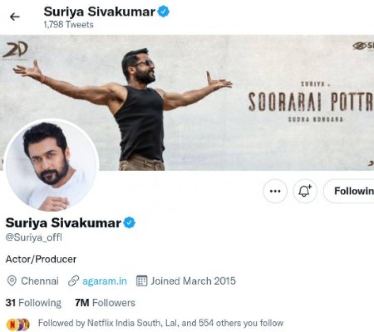 actor suriya twitter account reaches massive record of seven million followers