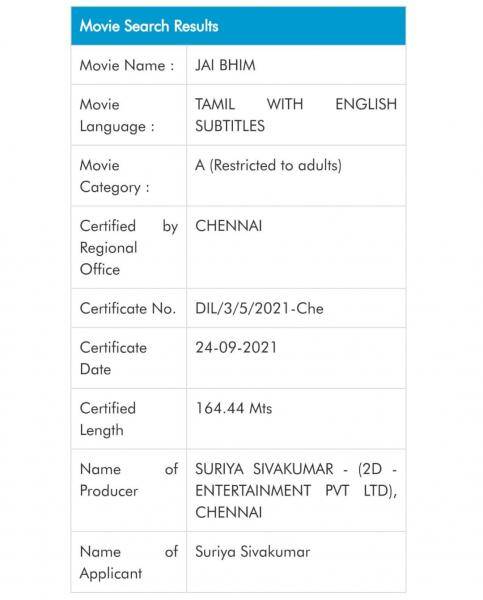 suriya jaibhim certified with a in censor and length of movie revealed