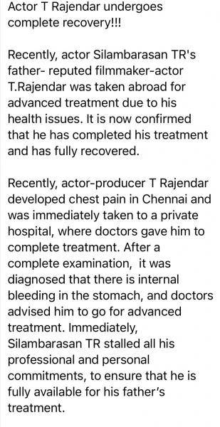 t rajendar fully recovered and taking rest in america for a month