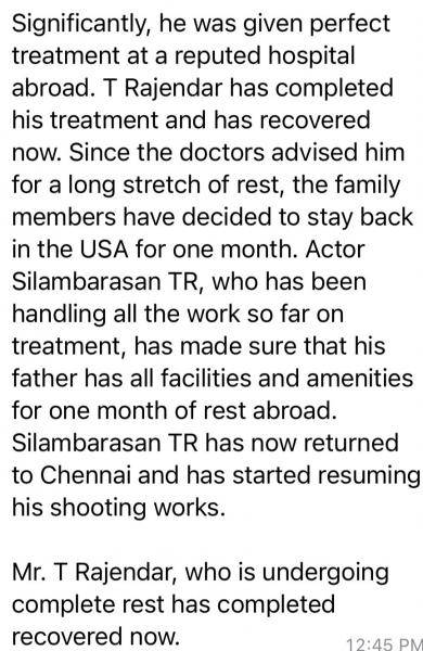 t rajendar fully recovered and taking rest in america for a month