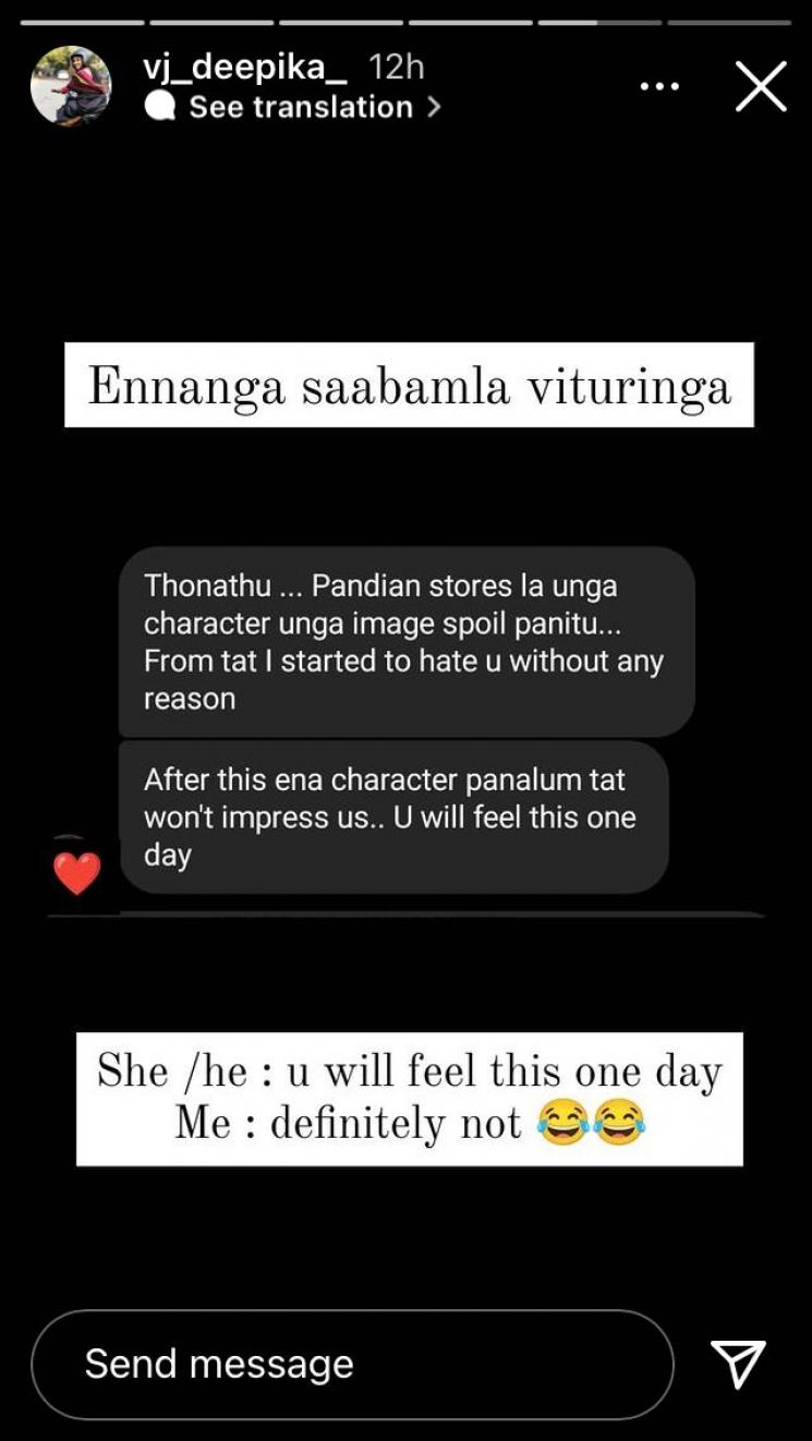 pandian stores serial actress vj deepika reply to a fan hate comment