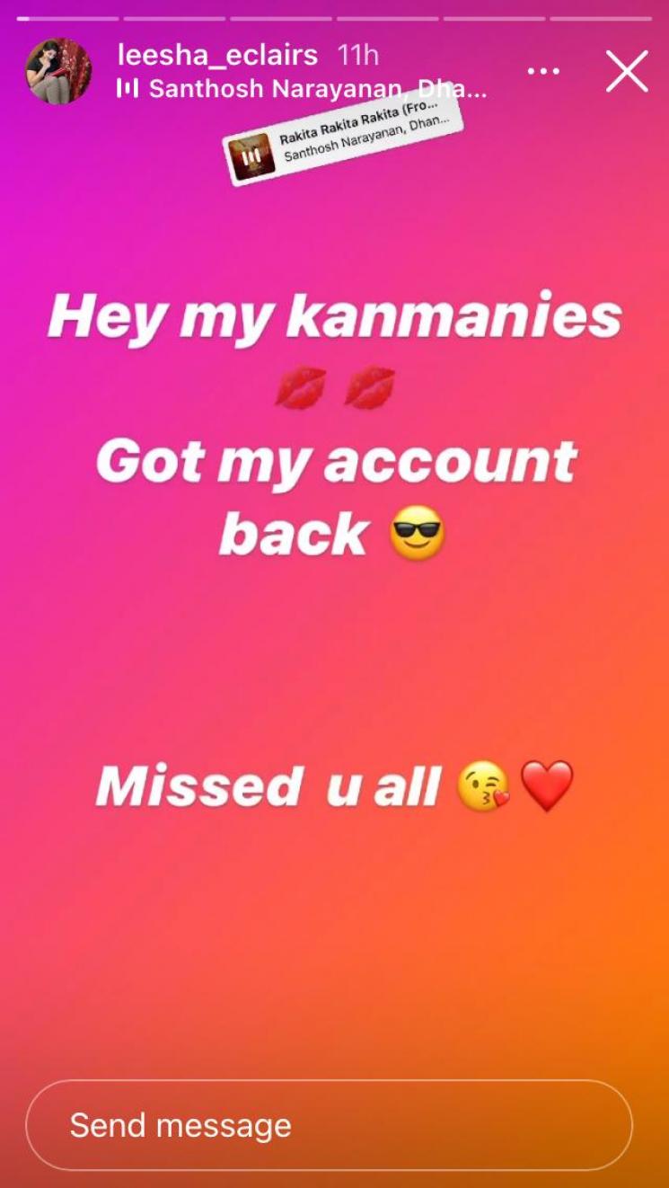 kanmani serial heroine leesha eclairs instagram account hacked and retrived